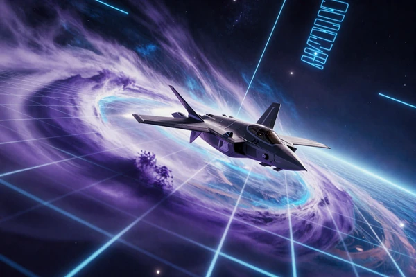 Featured game: futuristic space combat above an alien planet with neon blue and violet atmosphere