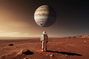 Moonward Survey - open world space exploration game cover showing an astronaut on a red planet surface gazing at a gas giant