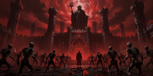 Dusky Fantasy Trails collection banner - skeletal armies and a dark mage on a blood-red ancient battlefield