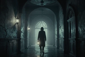 Bellkeeper Bastion - atmospheric horror puzzle game cover showing a lantern-bearer in a foggy gothic mansion corridor