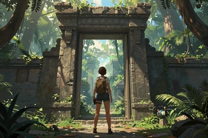 Static Chapel - narrative adventure game cover art showing an explorer at a glowing ancient portal in jungle ruins