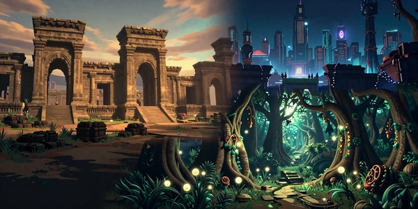 Story-First Evenings collection banner - a cinematic collage of ancient ruins, a futuristic city, and an enchanted forest