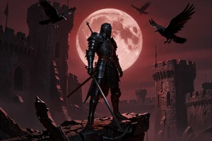 Grey Lantern Oath - dark fantasy RPG cover art featuring an armored warrior beneath a crimson moon