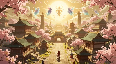 Sakura Depth - editor pick RPG signal thumbnail showing a sunlit ancient Japanese city with spirit creatures and cherry blossoms