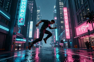 Afterimage Sprint - cyberpunk parkour game cover showing a runner leaping between rain-soaked neon-lit skyscrapers